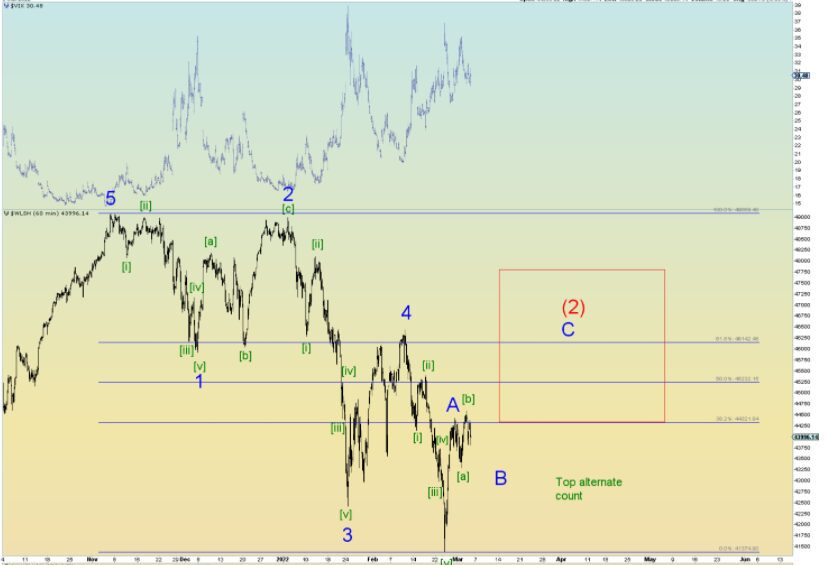 This chart shows the alternate Elliott Wave count for the broad stock market, as represneted by the Wilshire 5000 Index..