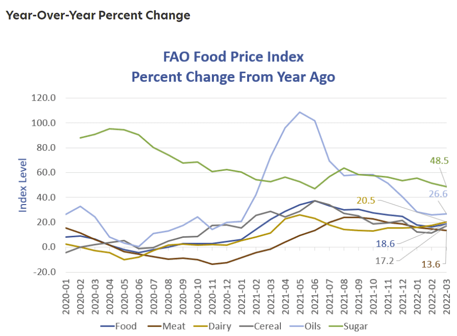 This is a chart of the United Nations Food and Agricultural Organization's (FAO) Basket of Foods Price Index showing the stunning inflation over the past year.